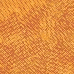May include: Abstract orange and yellow pattern with a honeycomb design. The image features a repeating geometric pattern of small circles and hexagons, creating a textured, mottled effect. The color palette is warm, with variations in tone.
