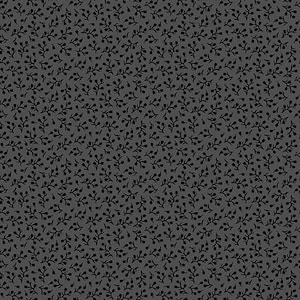 May include: A seamless pattern of small black floral sprigs on a dark gray background.