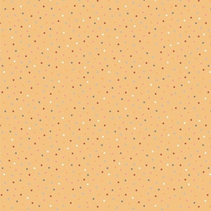 May include: A seamless pattern featuring a light orange background scattered with tiny, irregularly spaced dots in shades of brown, white, and light blue. The dots create a textured, speckled appearance, suitable for various design applications.