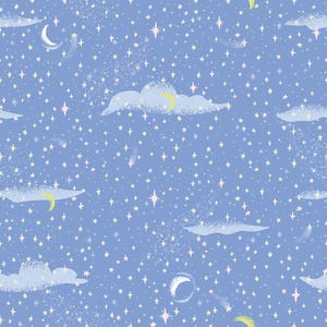 May include: A seamless pattern featuring a blue sky with white stars, yellow shooting stars, white clouds, and yellow crescent moons. The pattern is perfect for fabric, wallpaper, or wrapping paper.