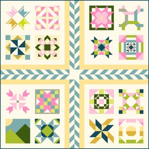 May include: A colorful quilt with a cream background and a grid of geometric patterns. The quilt features squares with various designs in shades of pink, green, blue, and yellow. A blue border and yellow and blue chevron stripes frame the squares.