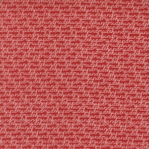 May include: Red background with a repeating pattern of the word "handmade" in a white, cursive script. The text is densely packed, creating a textured appearance across the entire surface.