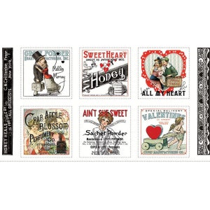 May include: Nine vintage Valentine's Day themed advertisements with illustrations and text. The advertisements include a couple holding a suitcase, a couple in a heart, a woman with a perfume bottle, a woman with a sachet powder, and a cherub with a wagon.