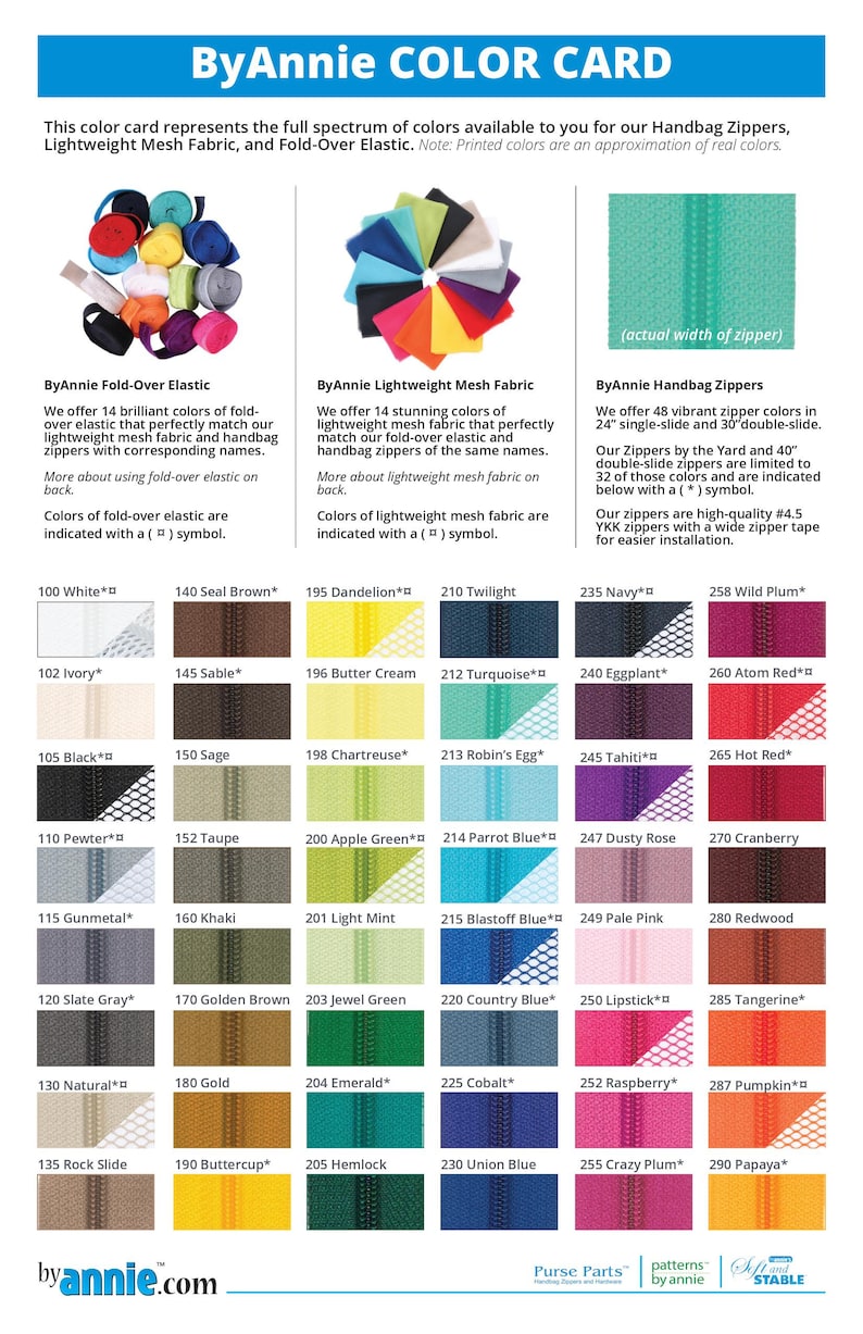 May include: Color chart for ByAnnie handbag zippers, fold-over elastic, and lightweight mesh fabric. The chart shows 48 vibrant zipper colors in 24" single-slide and 30" double-slide, 14 fold-over elastic colors, and 14 lightweight mesh fabric colors. The chart includes the text "ByAnnie COLOR CARD" at the top.