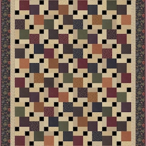May include: A patchwork quilt with a repeating pattern of squares in various colors, including brown, green, and burgundy, separated by black squares. The quilt has a floral border.