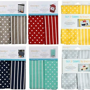 KimberBell Tea Towel 2 ct Dot & Stripe (light grey, dark grey, aqua, navy, red and yellow)