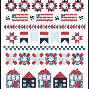 May include: A patriotic quilt featuring red, white, and blue designs. The quilt showcases stars, American flags, and house motifs. The color scheme and patterns evoke a sense of Americana and are suitable for home decor.