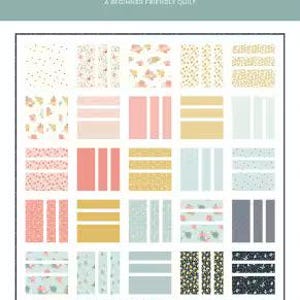 May include: A quilt pattern titled "Squared Up" with a variety of pastel-colored fabric squares. The design includes floral, dotted, and striped patterns in pink, yellow, blue, and black. The text "Cotton and Joy Patterns" and "A Beginner Friendly Quilt" are also visible.