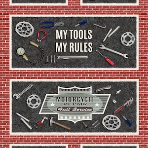 My Tools My Rules Brick Motorcycle Panel by Henry Glass Fabrics - MYTOOLSMYRUL Q-519P-88