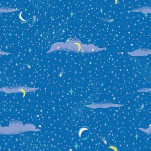 May include: A seamless pattern featuring a blue night sky with white, yellow, and green stars, shooting stars, and crescent moons. The sky is also dotted with white and blue clouds.