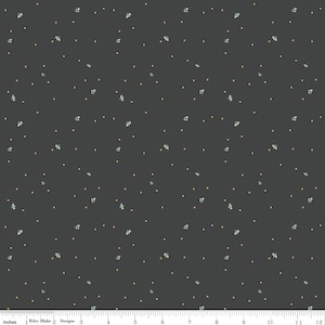 May include: A dark gray fabric with a repeating pattern of small yellow dots and tiny green sprigs. The fabric is a solid color with a subtle texture.