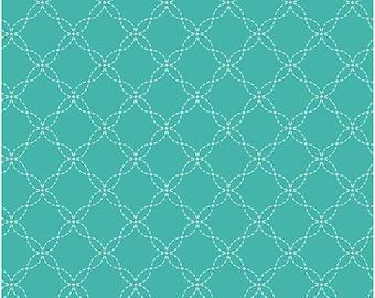 May include: A seamless pattern featuring a teal background with a repeating white stitched design. The pattern consists of interconnected, overlapping circles, creating a grid-like structure. The white stitching adds a delicate, handcrafted aesthetic to the overall design.