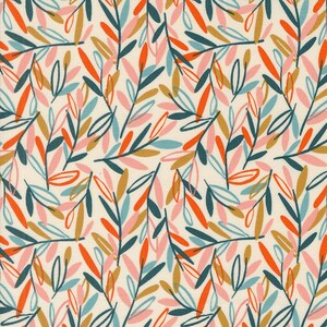 May include: A seamless pattern featuring a repeating design of stylized leaves in shades of teal, pink, orange, and gold on a cream background.