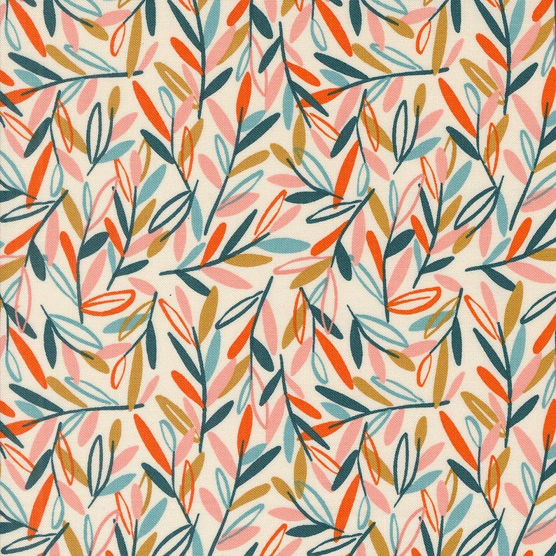 May include: A seamless pattern featuring a repeating design of stylized leaves in shades of teal, pink, orange, and gold on a cream background.
