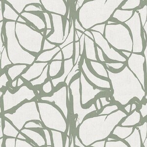 May include: Abstract wallpaper design featuring a pattern of sage green brushstrokes on a white background. The design has a free-flowing, organic feel, with overlapping lines and shapes creating a textured appearance. The wallpaper is suitable for various interior design projects.