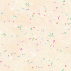 May include: A light peach background with a scattered pattern of small white, pink, and green stars and fish.