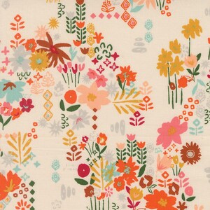 May include: A floral fabric with a cream background. The design features a variety of colorful flowers in shades of orange, pink, yellow, and blue. The flowers are arranged in a scattered pattern, with some clusters and individual blooms.