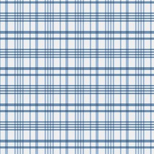 May include: A seamless pattern featuring a grid of intersecting blue lines on a white background. The design creates a classic plaid or check pattern, suitable for various applications.