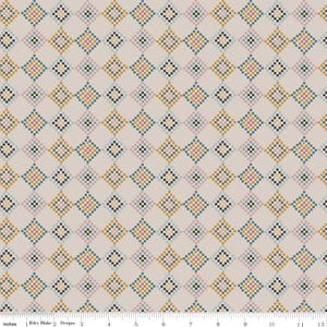 May include: A fabric with a repeating geometric pattern of diamonds. The diamonds are composed of small dots in shades of pink, teal, gold, and black, set against a light beige background. The fabric is measured in inches.