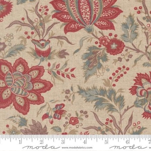 May include: A fabric with a repeating floral pattern in red, blue, and beige. Large, stylized flowers and foliage are scattered across the beige background. The fabric has a vintage, botanical aesthetic, suitable for quilting or home decor projects.