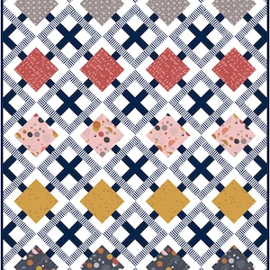 May include: A geometric quilt with a repeating pattern of navy blue crosses and white stripes. The quilt features diamond-shaped patches in various colors, including gray, red, pink, gold, and dark blue, each with unique patterns. The quilt has a white border.