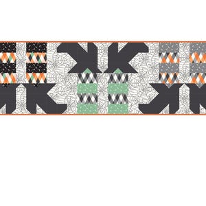 May include: Halloween-themed table runner featuring witch legs and hats in black, orange, and green. The design includes geometric patterns and a spiderweb background, with an orange border. A festive and decorative item.