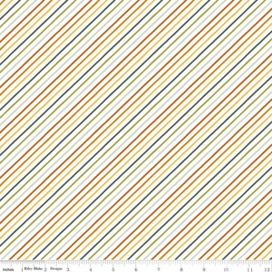 May include: A fabric with a repeating diagonal stripe pattern. The stripes are in various colors, including orange, yellow, green, and blue, set against a cream background. The fabric is suitable for quilting and other craft projects.