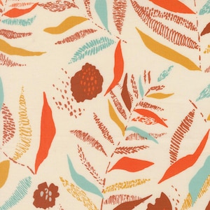 May include: Cream-colored fabric with a repeating pattern of stylized leaves and floral elements. The design features orange, brown, yellow, and teal shapes with textured details. The overall aesthetic is reminiscent of a botanical illustration.