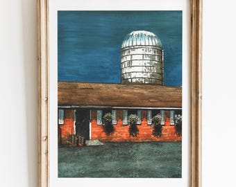 New England Dairy Farm Original Watercolor Painting - Rustic Barn Landscape Wall Art for Farmhouse Decor