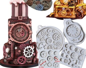 Anyana Steampunk Cogs wheel Gears Pocket Clock watch mould Candy Silicone Mold for Sugarcraft, Cake Decoration 4 in set