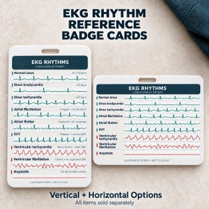 May include: Two white plastic badge cards featuring EKG rhythm reference charts. The vertical card lists rhythms from normal sinus to asystole with bpm data. The horizontal card displays similar EKG tracings in green and red. Text includes EKG RHYTHM REFERENCE BADGE CARDS.