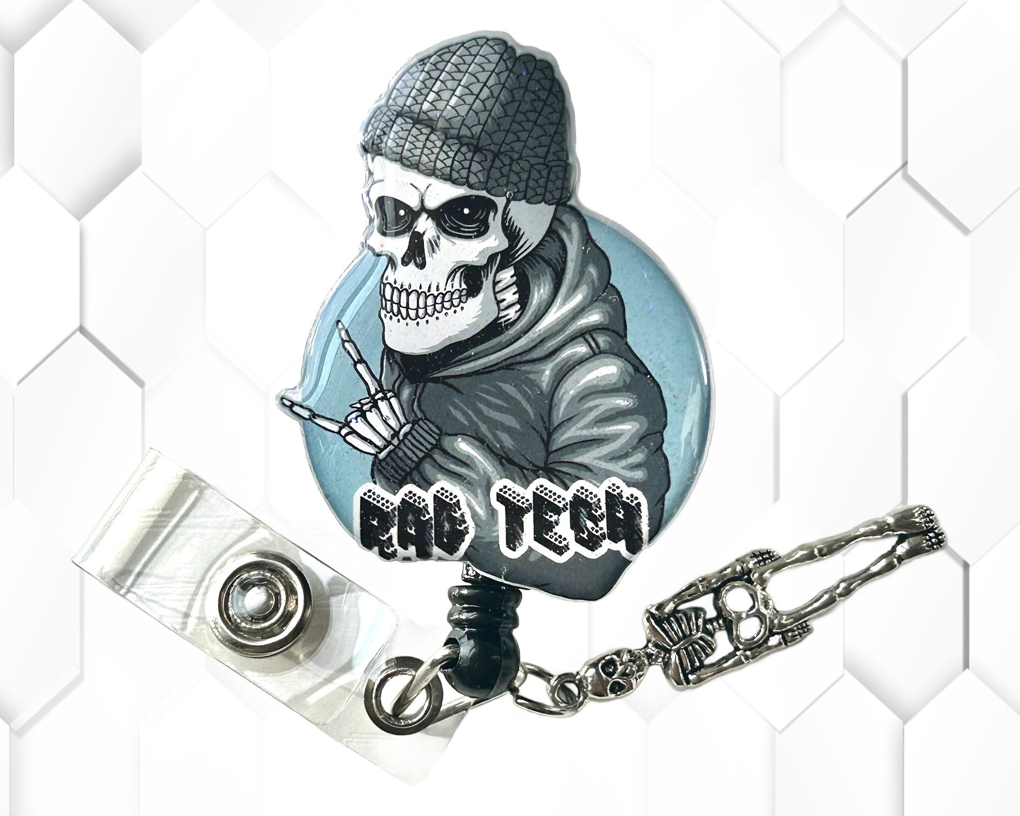 Rad Tech Badge Reel, Skeleton Reel, Badge Holder, Masculine Badge Buddy, Skull Design, Radiologic, Technologist, Alligator Clip, MRI Safe