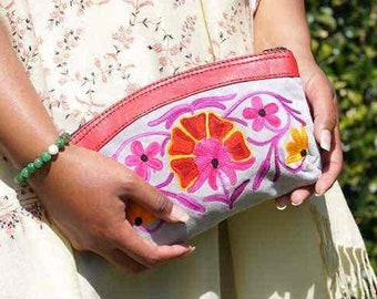 Lotus Flower Women Pouch | Handcrafted Sophistication: Kashmiri Embroidered Cashmere Purse | The Ultimate Mom's Gift!