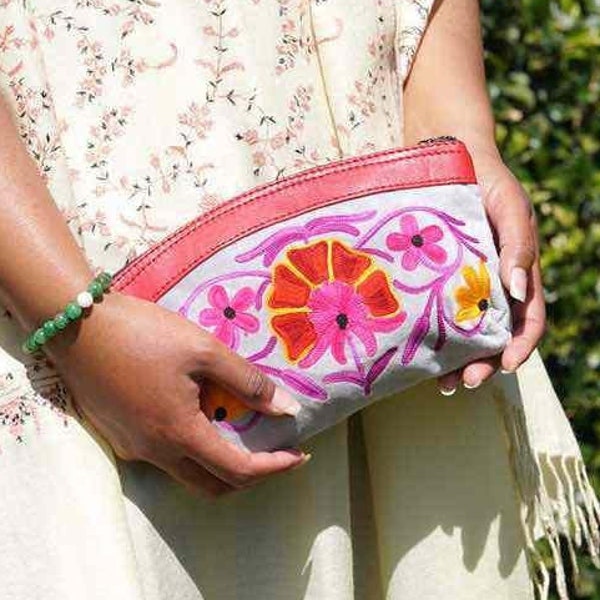 Lotus Flower Women Pouch | Handcrafted Sophistication: Kashmiri Embroidered Cashmere Purse | The Ultimate Mom's Gift!