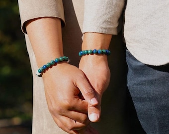 Natuursteen Blauw Azuriet | Paar kralen halfedelstenen Azuriet armband-rekbare elastische armband voor mannen en vrouwen
