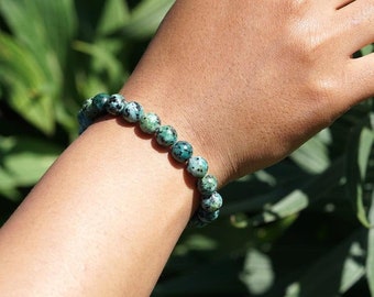 Beaded natural stone Bracelet for men and women | Unisex Green chrysocolla wrist mala for cleansing & healing