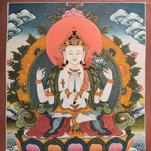 Beautiful Bodhisattva Thangka of Chengresi - OM Mani Padme Hum Painting