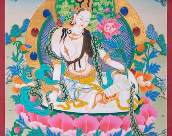 May include: A colorful painting of a deity sitting on a lotus flower. The deity is adorned with jewelry and has a serene expression. The painting is surrounded by flowers and greenery.