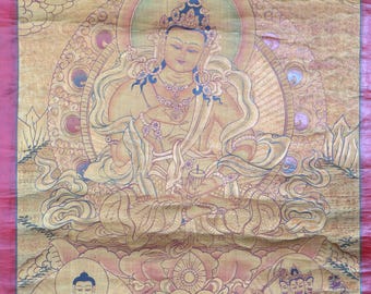 仏陀　タンカペイント 希少なアンティークチベット仏教タンカ、色糸で描かれた菩薩