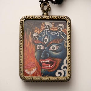 Mahakala Ghau Thangka Locket – Handcrafted Tibetan Pendant, Sacred Amulet for Protection and Strength