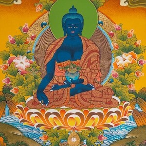 Bhaisajyaguru Thangka Painting | Handpainted Medicine Buddha Art | Tibetan Healing Thangka | Spiritual Wall Decor | Buddhist Healing Deity