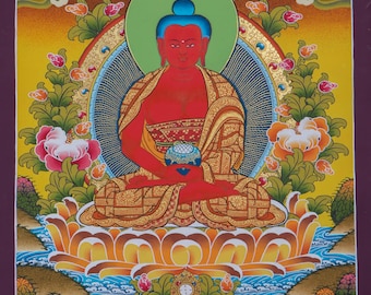 May include: A traditional Tibetan thangka painting depicting a red Buddha seated in a lotus position. The Buddha is surrounded by intricate floral designs and a golden halo. The painting is set against a vibrant background of yellow, orange, and green.