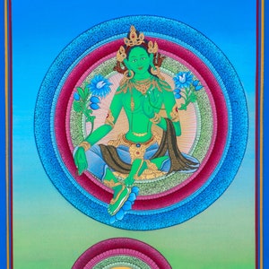 Handgeschilderd groen Tara Thangka-schilderij voor wanddecoratie | Authentieke Tibetaanse kunst voor aan de muur op je meditatiealtaren