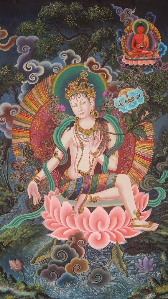 チェンレジグ・ネワール族のタンカ画｜手描きの仏教慈悲の神｜ネパール