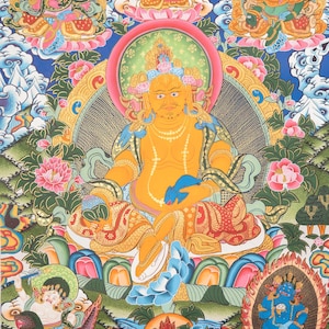 Pancha Zambala Thangka Painting | Hand-Painted Five Wealth Deities Art | Traditional Tibetan Buddhist Thangka | Spiritual Decor from Nepal