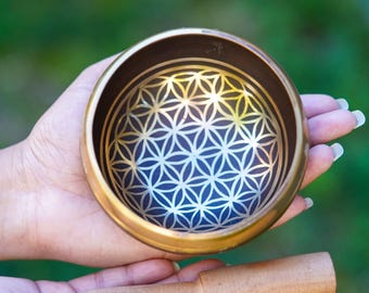 Flower of Life Singing Bowl from the Himalayas, Nepal | Handcrafted Tibetan Singing Bowl for Yoga, Meditation, and Sound Healing