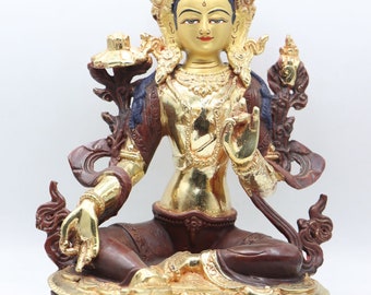 Authentic Handmade Green Tara Statue 24 K Gold Glided on Copper | Boddhisattva of Knowledge and Compassion