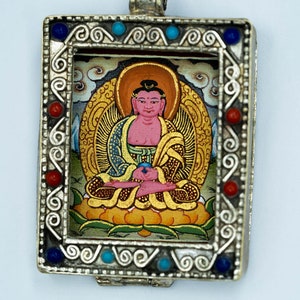 Amitabha Buddha Thangka - Ghau Thangka or Pendant | Genuinely hand painted - Small Thangka Painting in a Gold Colorlocket