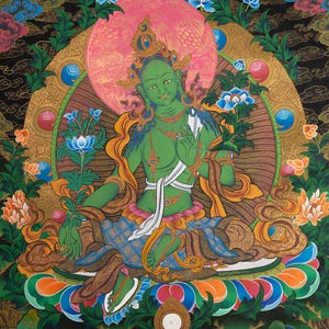 Green Tara Thangka Painting | Handpainted Tibetan Buddhist Art | Goddess of Compassion & Protection | Spiritual Wall Decor