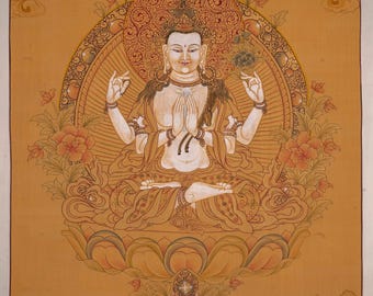 Chengresi Boddhisattva Tibetan Thangka Painting - Wall hanging handmade Painting on Cotton Canvas - Perfect spiritual gift